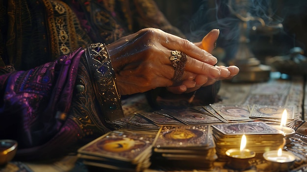 한 노인 여성이 타로 카드를 읽고 있습니다. 그녀는 보라색 망토를 입고 손가락과 손목에 많은 보석을 가지고 있습니다.