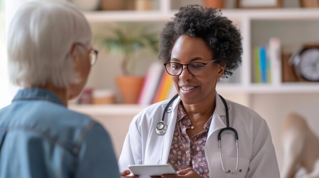 An elderly woman is shown how to take pills by a health visitor with a tablet