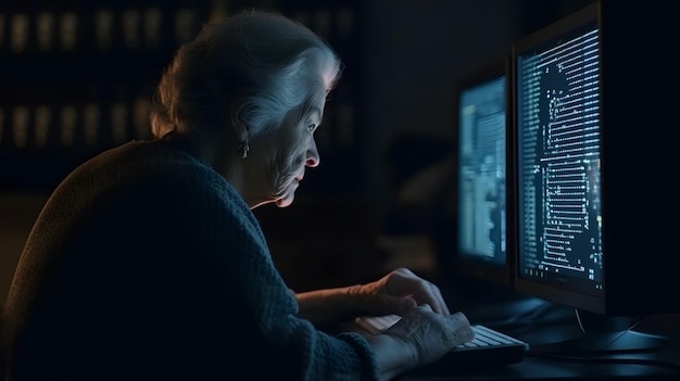 An elderly woman is typing on a computer in a dark room.