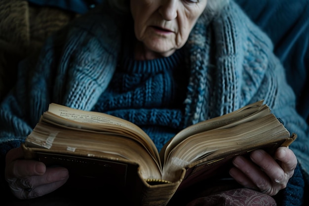 Elderly woman in a knitted sweater reading an old book with a focus on the hands and the book