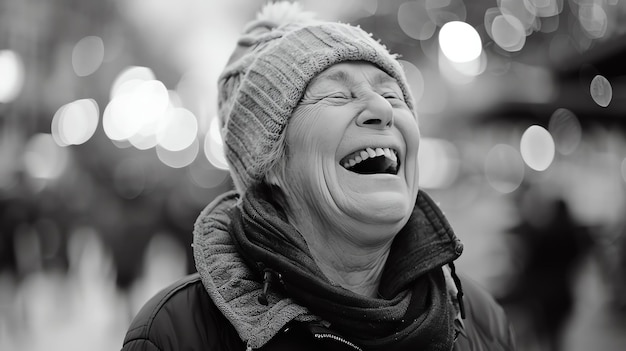 An elderly woman laughs with joy Her eyes are closed and her mouth is open wide She is wearing a hat and a scarf