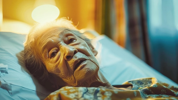 An elderly woman lays peacefully in a hospital bed covered by a soft blanket