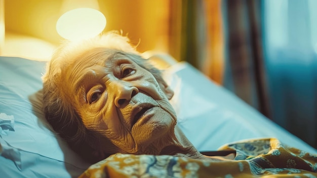 Photo an elderly woman lays peacefully in a hospital bed covered by a soft blanket