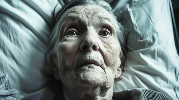 An elderly woman lies still in a hospital bed her eyes closed in serene repose as she rests