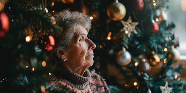 Elderly woman looking at Christmas tree