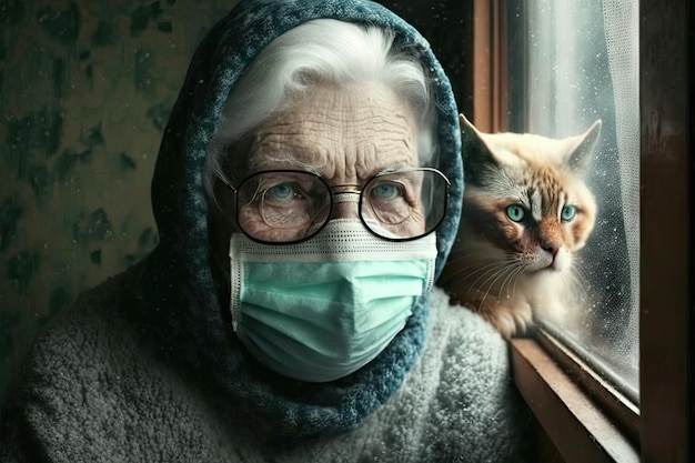 An elderly woman looking out the window while wearing a safety mask and clutching a cat Covid19 Christmas quarantine Coronavirus outbreak Waiting Depression home insulation Pets prevent loneliness