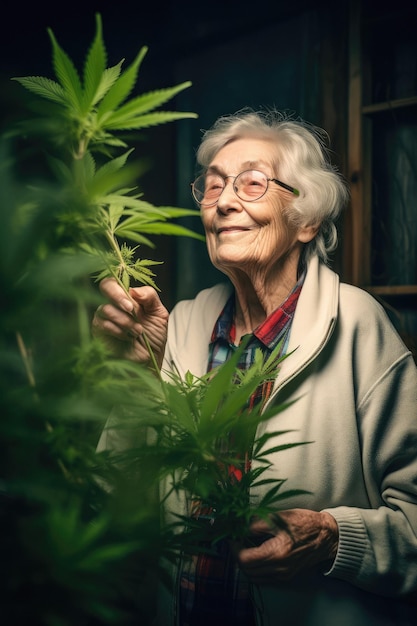 An elderly woman looks at a plant that has the word hemp on it.