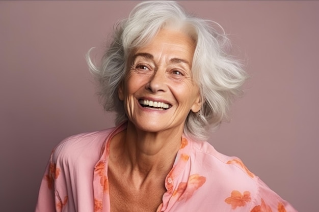 Foto donna anziana matura e felice hanno espressioni sorridenti e gioiose nella foto in studio