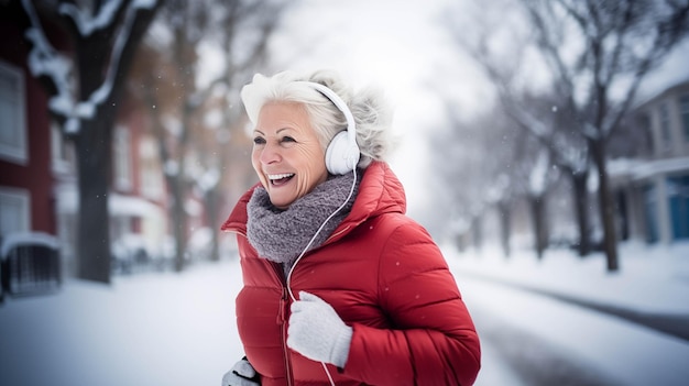 An elderly woman on a morning jog in winter