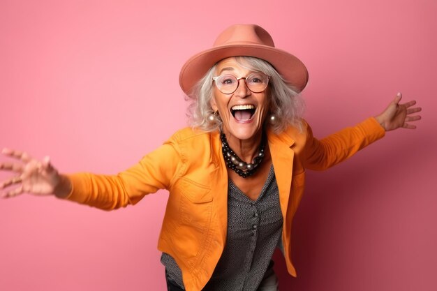 Пожилая женщина в оранжевой куртке и шляпе выражает волнение на розовом фонеxA