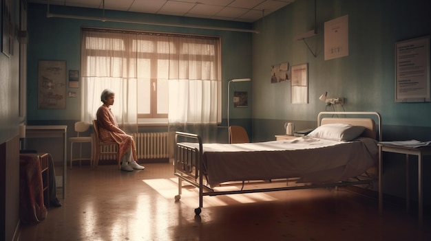 Фото Пожилая женщина-пациент лежит на кровати в больничной палате