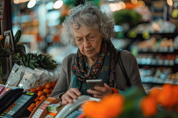 Photo an elderly woman pays for groceries with a smartphone at the terminal