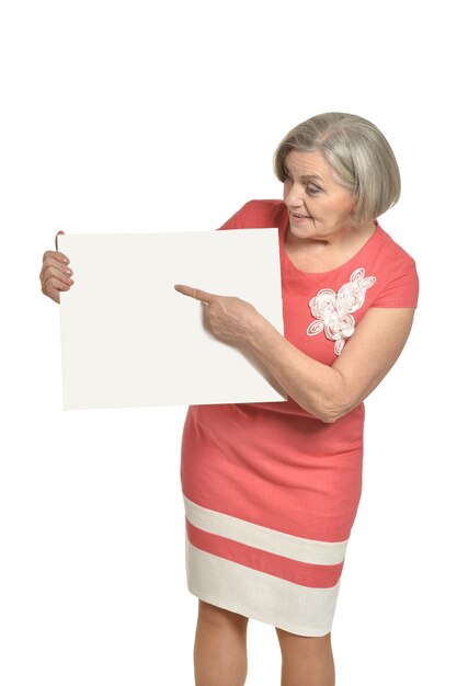 Elderly woman pointing to blank card