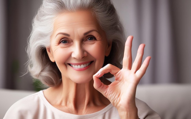 Photo elderly woman raises her hand to make ok gesture healthy old man the face has a happy smile