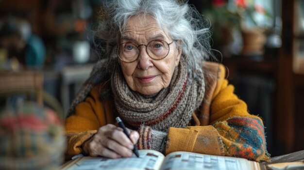 家で本を読んでいる年配の女性