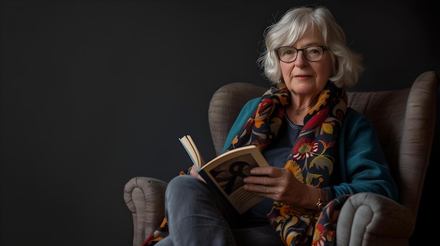 Elderly woman reading in a cozy armchair relaxed private time simple elegance in a portrait for editorial use AI