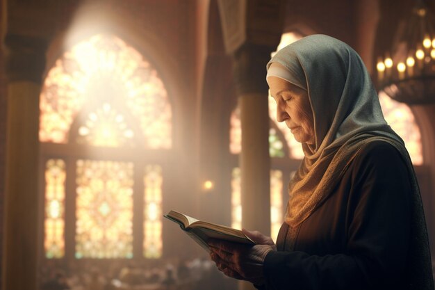 写真 高齢の女性がコーランを読んでいます
