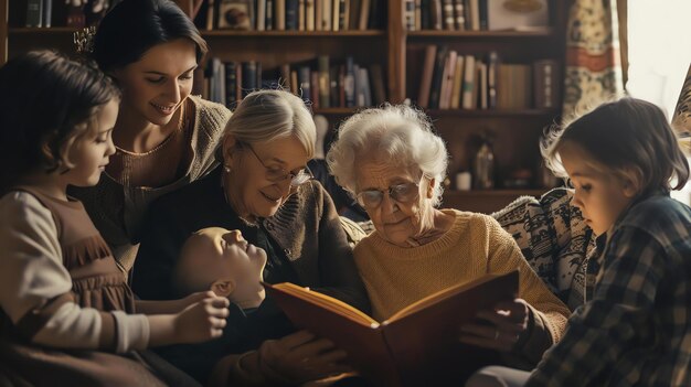 Foto una donna anziana legge un libro a sua nipote mentre la madre guarda il bambino che tiene una bambola sono seduti in una stanza calda e accogliente