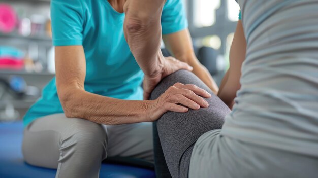 Foto donna anziana sottoposta a terapia fisica a casa da parte di un terapeuta professionista per migliorare la mobilità e la forza