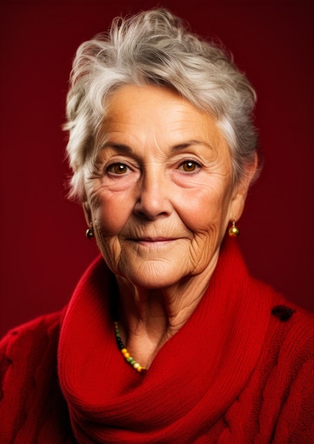 Elderly woman in red clothes on a conceptual red background for frame