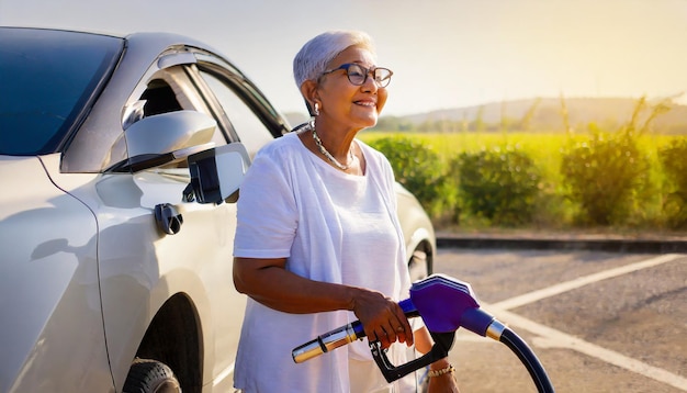 Photo an elderly woman refueling a car on the road because the car ran out of fuel energy concept travel i