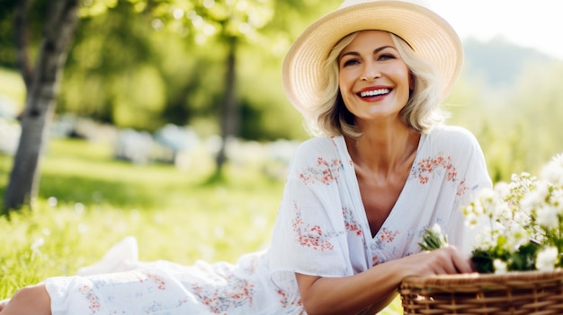 Elderly woman relaxing on a picnic