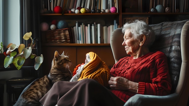 猫とゆっくり過ごす老婦人 陽のついた窓のそばで 居心地の良い家庭のシーン 友情と楽のコンセプト やかで満足のいくライフスタイル 描写 AI