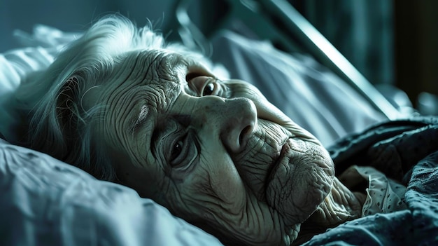 Photo an elderly woman rests peacefully in a hospital bed surrounded by quiet anticipation and serenity