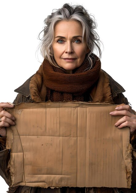 Elderly woman in rustic attire holding a blank parchment paper for messages isolated on white background AI