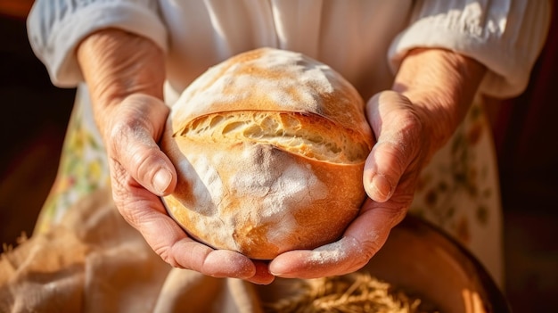 Руки пожилой женщины держат свежеиспеченный хлеб