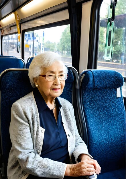 Photo an elderly woman sits on a bus with a sweater on her neck