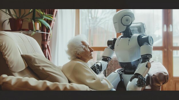 Photo an elderly woman sits in a chair in her home looking at a robot that is sitting next to her