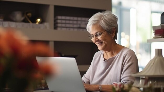 an elderly woman sits at a desk with a laptop and a window behind her