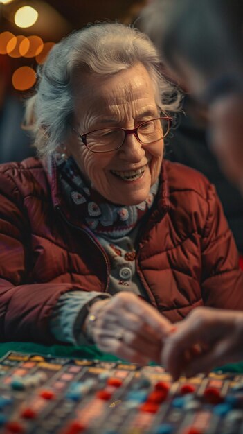 an elderly woman sits in front of a picture of a woman