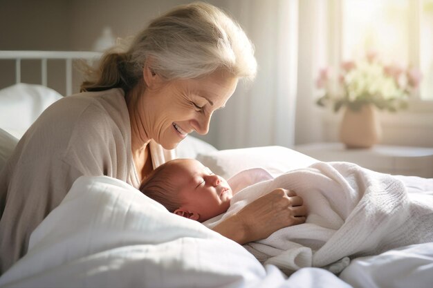 침대 에 앉아 아기 를 부드럽게 품 에 안고 있는 노인 여자