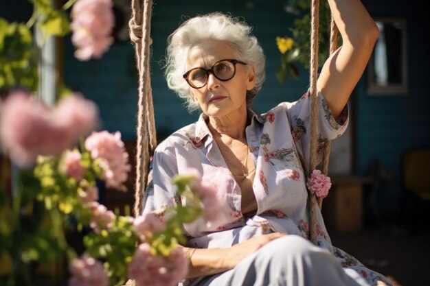 an elderly woman sitting on a chair near her house