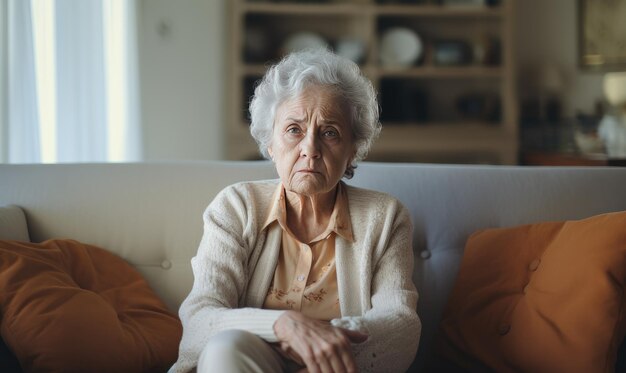 An elderly woman sitting on a couch looking surprised