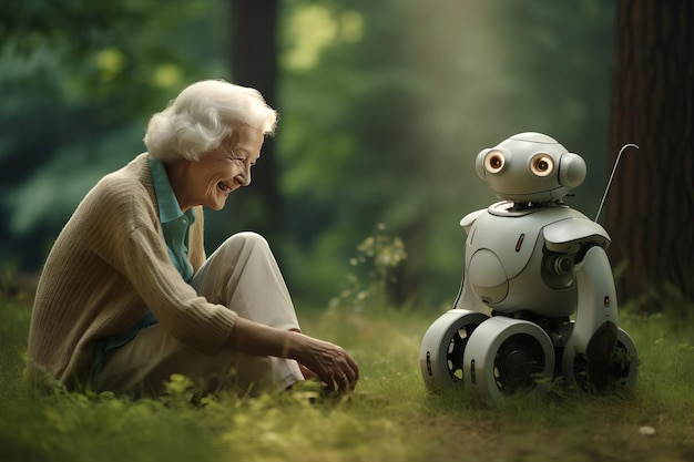 Foto una donna anziana seduta sul prato accanto a un robot umanoide