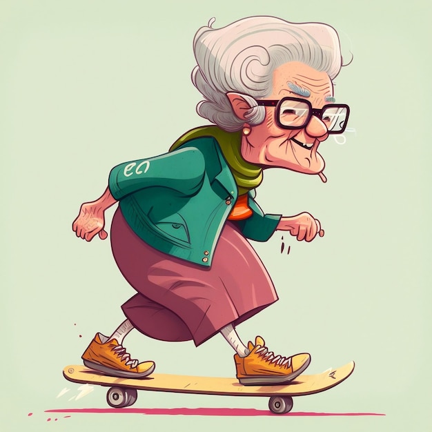 Elderly woman skateboarding in simple cartoon style Generative AI