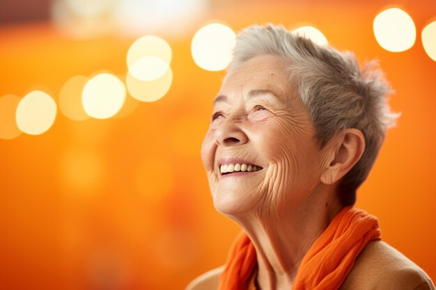 Elderly woman smile happily on bokeh style warm background