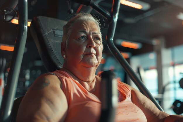 Elderly woman smiles while sitting on machine at gym