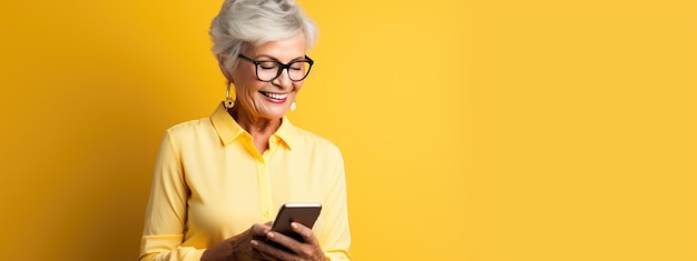 An elderly woman smiling and laughing with her phone against a colored background