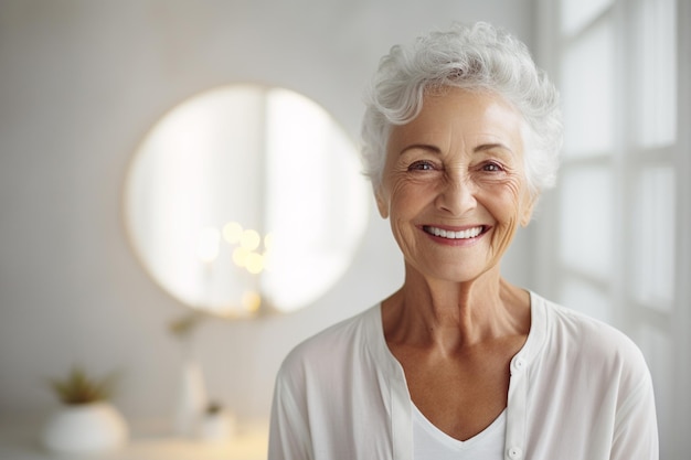 昼間、寝室の白い鏡で微笑む年配の女性