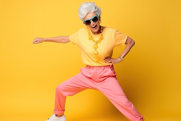 Пожилая женщина в спортивной одежде делает забавные танцевальные движения
