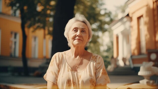 an elderly woman stands in front of a building with a tree in the background