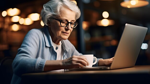 Photo elderly woman staying connected in a cafe
