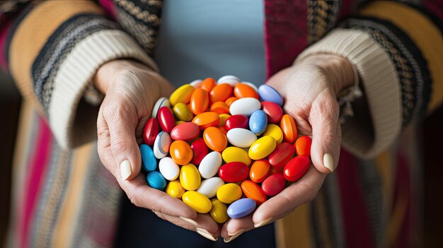 Foto una donna anziana in un maglione che tiene un gran numero di pillole colorate