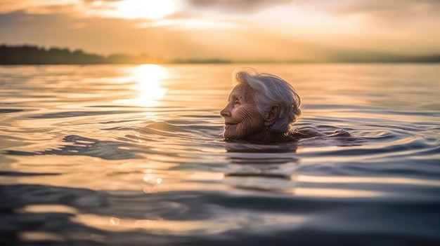 An elderly woman swimming peacefully in the lake