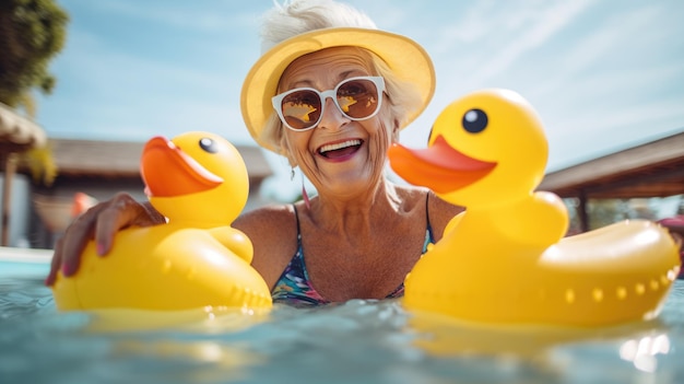 Foto una donna anziana nuota in una piscina con un anacchino gonfiabile giallo durante il fine settimana