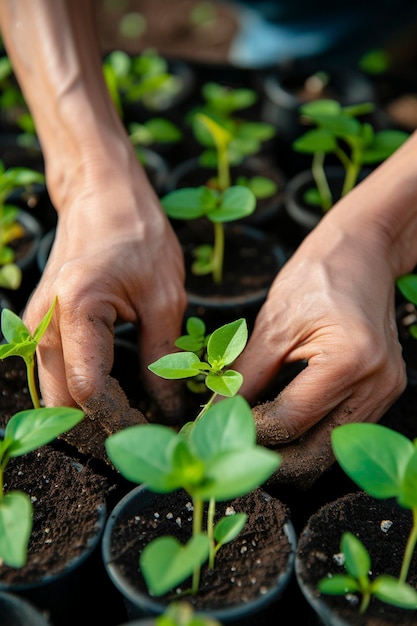 An elderly woman takes care of seedlings at home